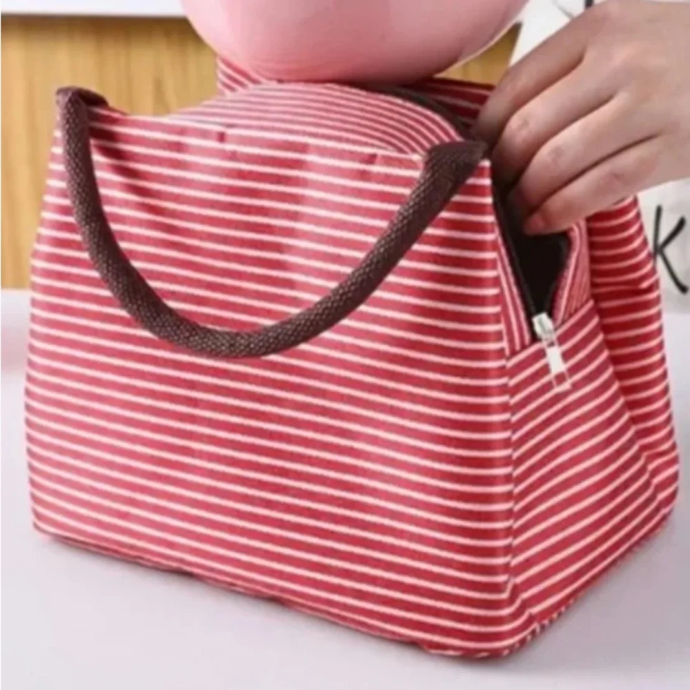 Foldable Insulated Lunch Bag Red/White stripes New